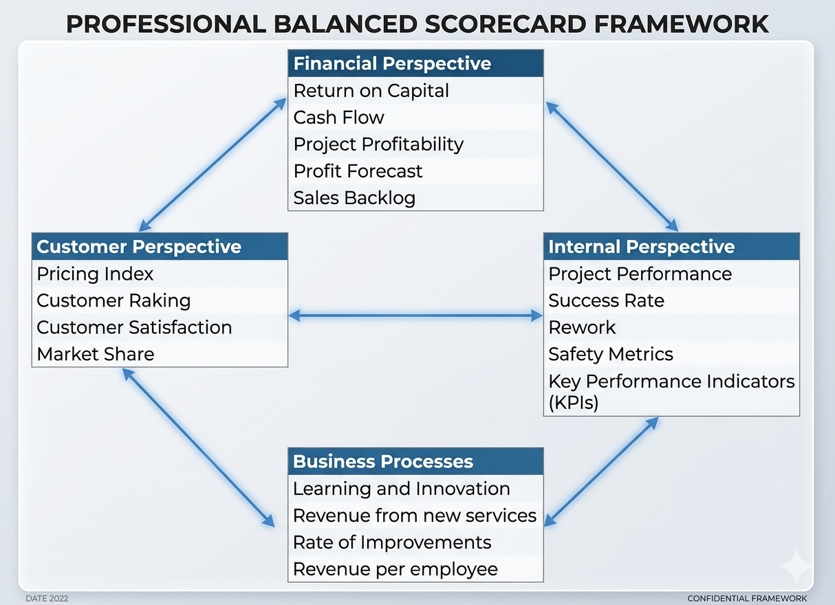 The Balanced Scorecard framework showing four perspectives: Financial, Customer, Internal Process, and Learning and Growth.